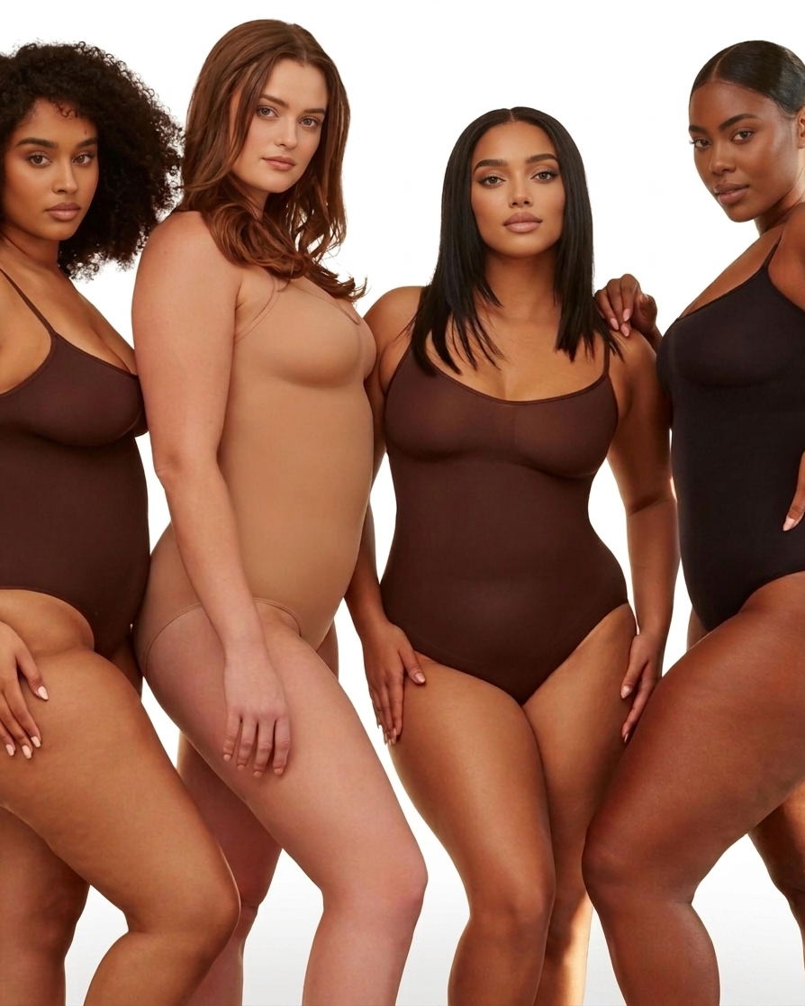 Four models wearing The Aurea Sculpt seamless bodysuit in a range of shades
